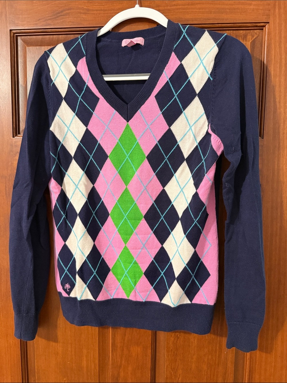 Lilly Pulitzer Navy V-Neck Argyle Sweater with Pink, Green & Cream Diamonds